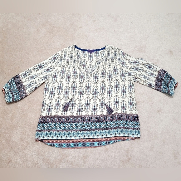 Artesia Floral Boho Blouse Tunic V-neck 3/4 Sleeve With Tassels Woman's Size XL - Picture 7 of 13